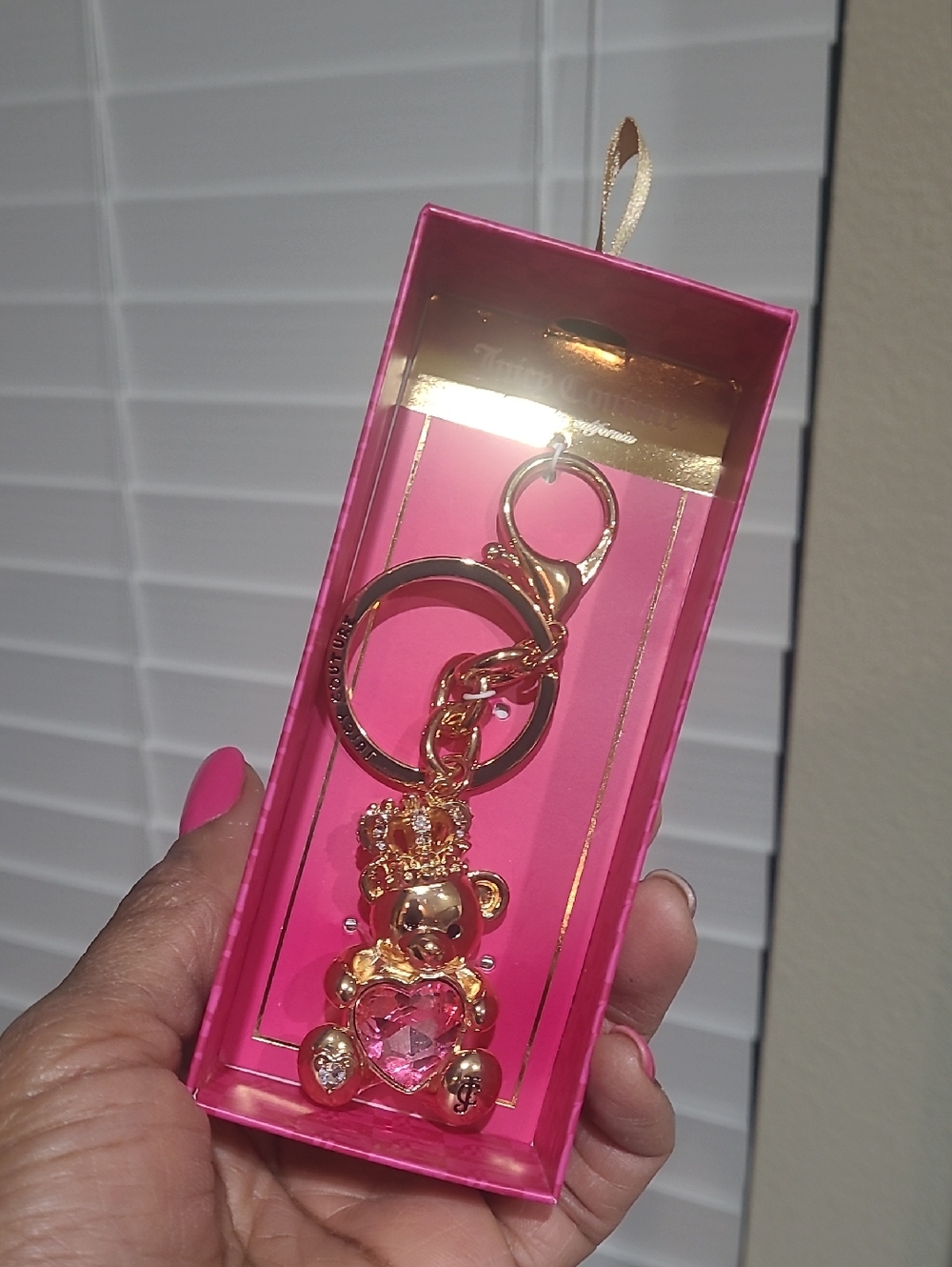 Juicy Couture Gold-Tone Teddy Bear Keychain with Pink Gem